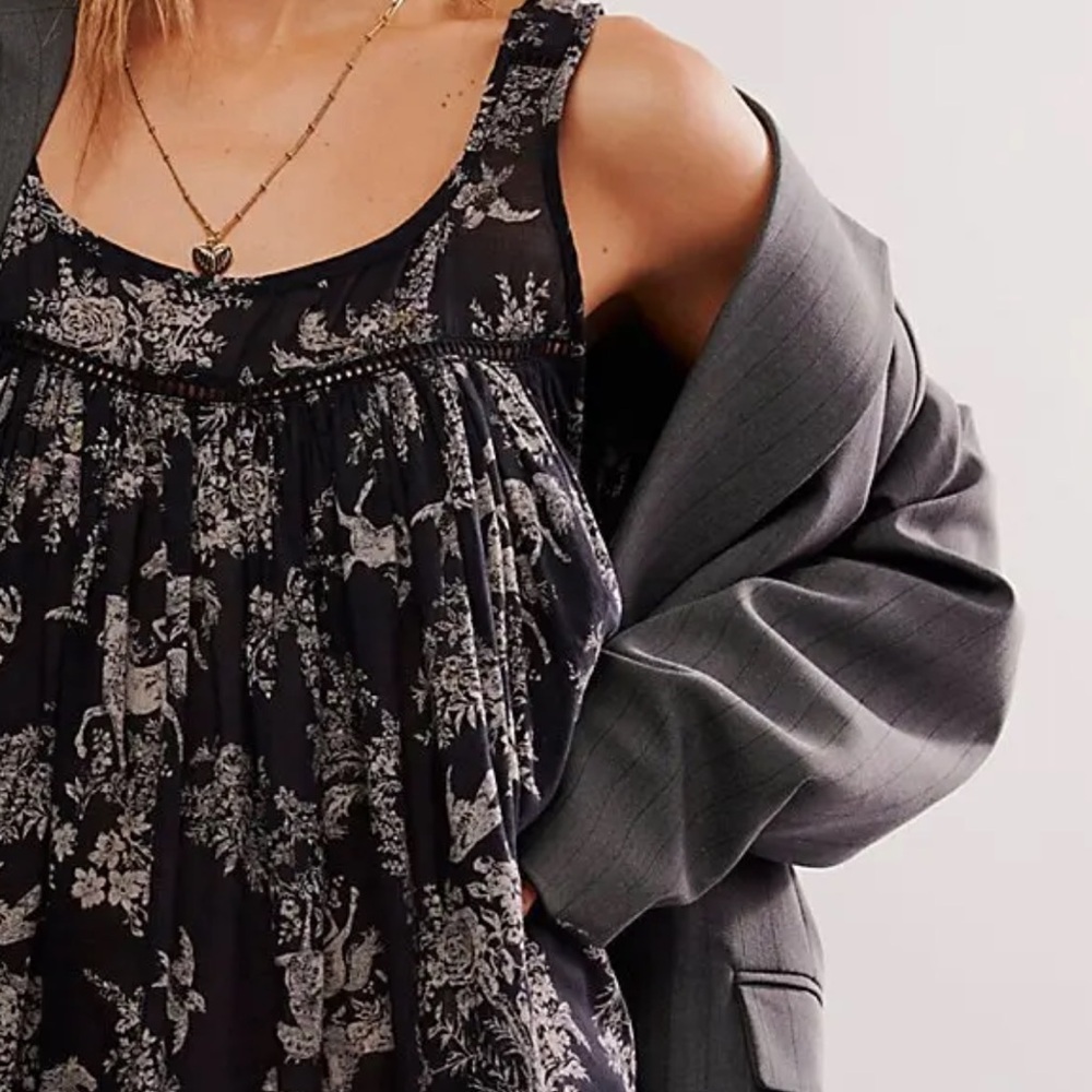 Free People Black Floral Lace-Trim Camisole